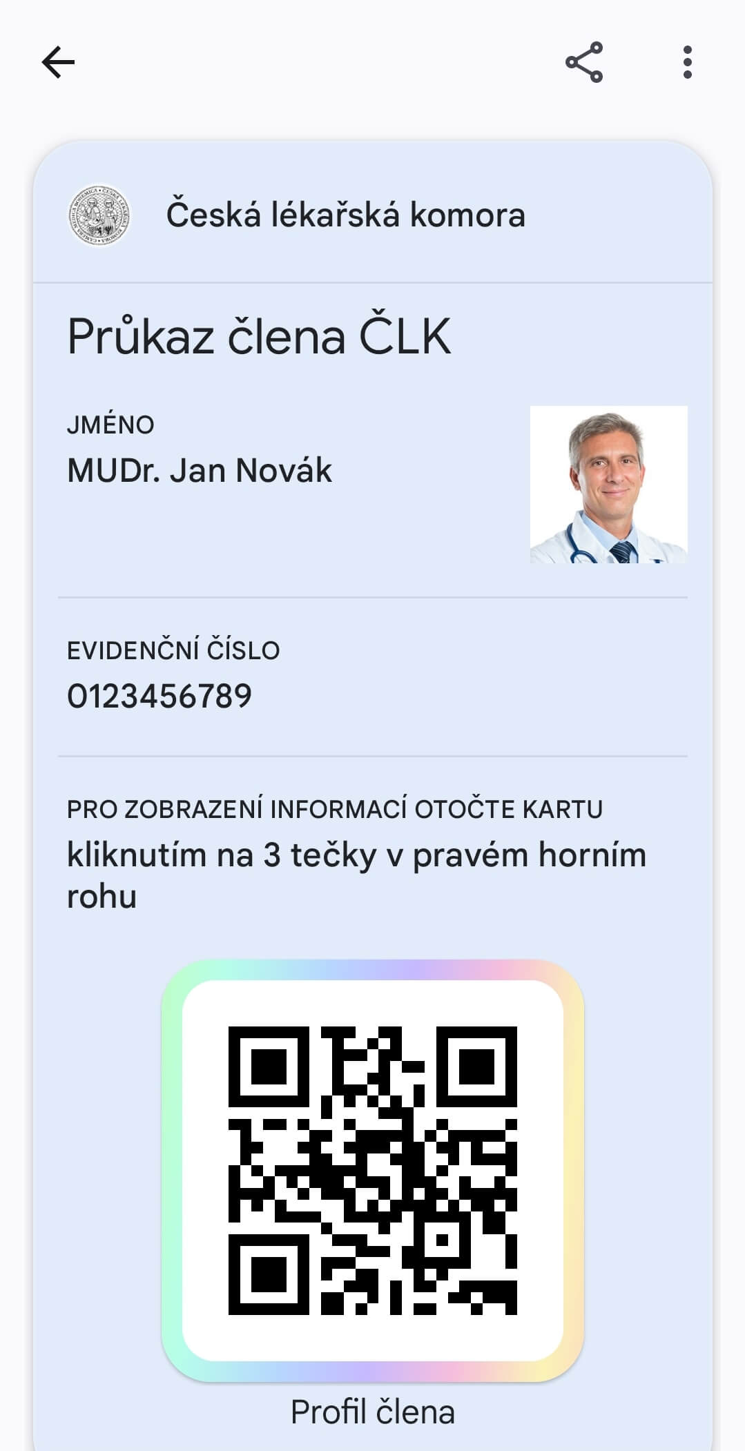 Průkaz lékaře - Android - přední strana s fotografií